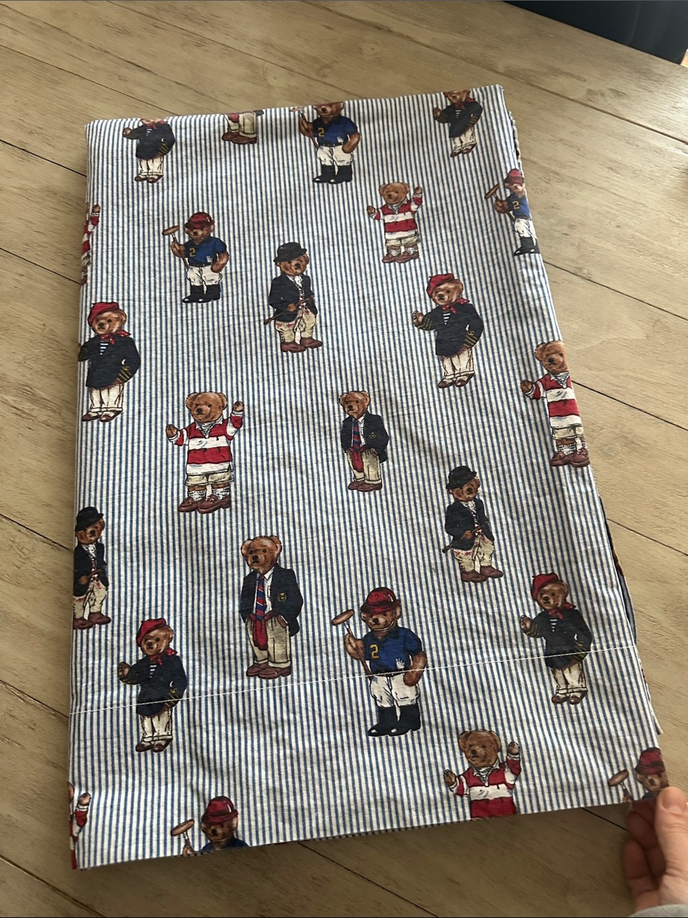 Vintage 90s Ralph Lauren Polo Bear Blue Stripe Cotton Fabric Twin Sheet USA Made